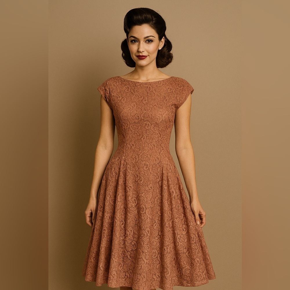 Vintage Post WWII 1940s Lace Dusty Peach Rose Dress Handmade MIDI Length Size S 